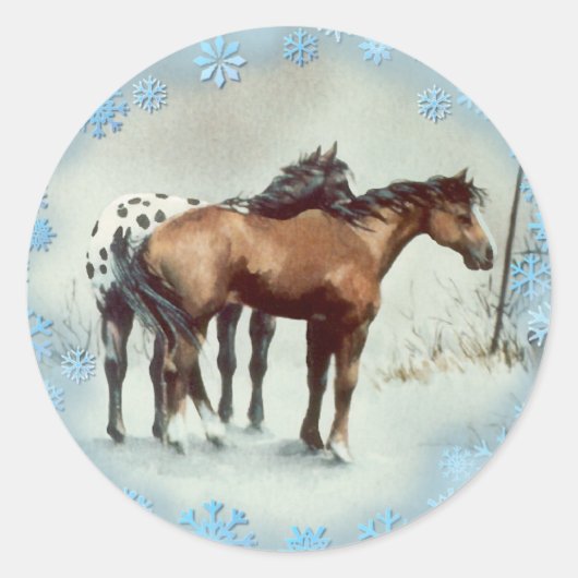 WINTER APPALOOSA & SNEEUWVLOKKEN DOOR SHARON SHARP RONDE STICKER (Voorkant)