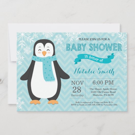Winter Aqua Penguin Baby shower Uitnodiging (Voorkant)
