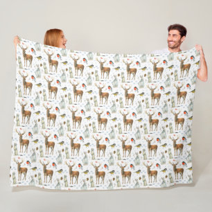 Winter Aquarel Handgetekende Herten Konijnen Vogel Fleece Deken