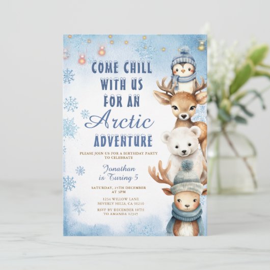 Winter Arctic Adventure 1st Birthday Animals Party Kaart (Staand voorkant)