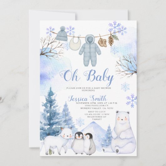 Winter Arctic Animal Clothesline Baby Shower Kaart (Voorkant)