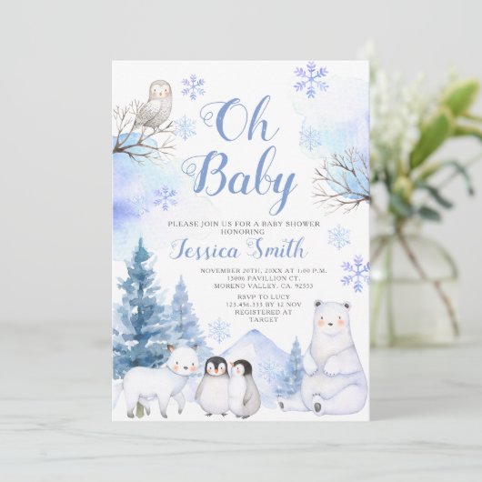 Winter Arctic Animal Mountain Baby shower Kaart (Staand voorkant)