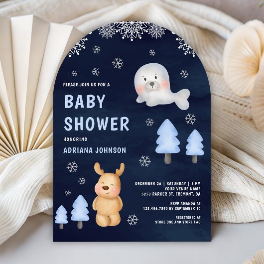 Winter Arctic Animals Navy Blue Baby Shower Kaart
