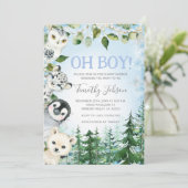 Winter Arctic Animals Pine Tree Boy Baby shower Kaart (Staand voorkant)