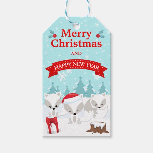 Winter Arctic Foxes Snowy Scene Vrolijk Kerstfeest Cadeaulabel (Voorkant)