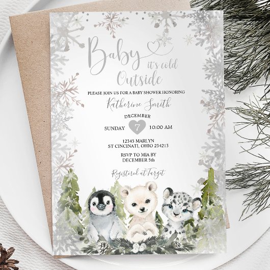 Winter arctisch dier baby shower zilveren sneeuwvl kaart