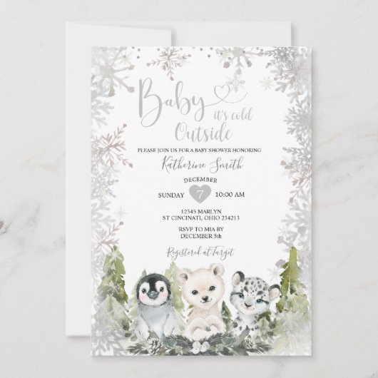 Winter arctisch dier baby shower zilveren sneeuwvl kaart (Voorkant)