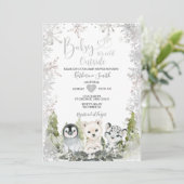 Winter arctisch dier baby shower zilveren sneeuwvl kaart (Staand voorkant)