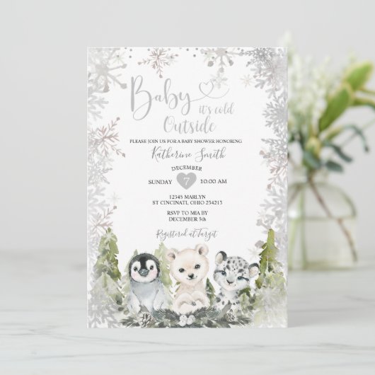 Winter arctisch dier baby shower zilveren sneeuwvl kaart (Staand voorkant)