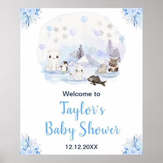 Winter Arctische Dieren Baby Borrel Welkom Poster (Voorkant)