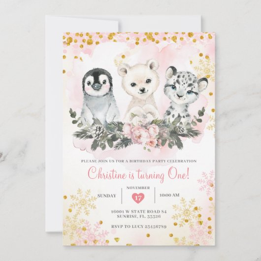 Winter Arctische Dieren Eerste Meisje Verjaardag Kaart (Voorkant)