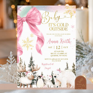 Winter Arctische Dieren Strik Roze Baby Shower Kaart