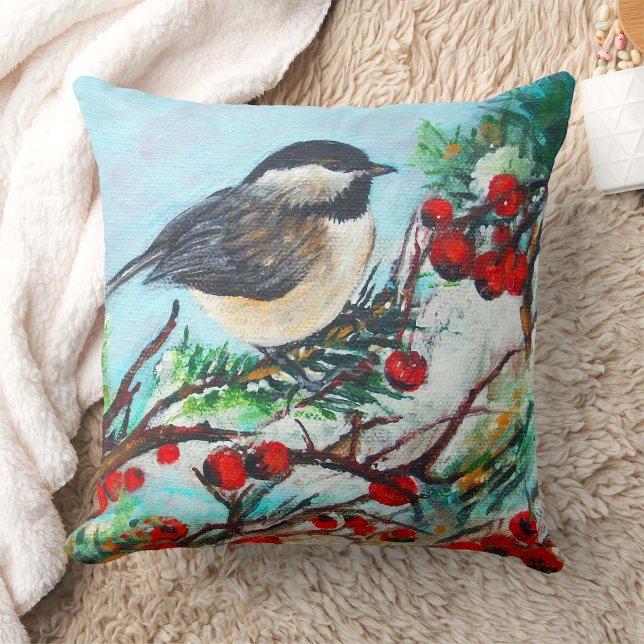 Winter Art Chickadee Bird Berries Kussen (Chickadee Bird Berries Winter Art Throw Pillow from Jenn's Emporium. )