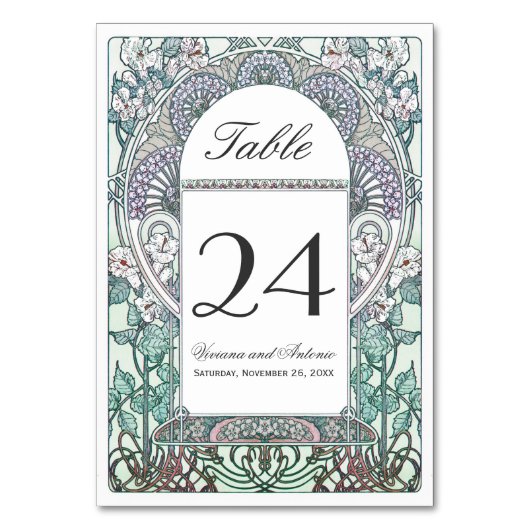 Winter Art Nouveau Wedding Table Numbers Kaart (Voorkant)