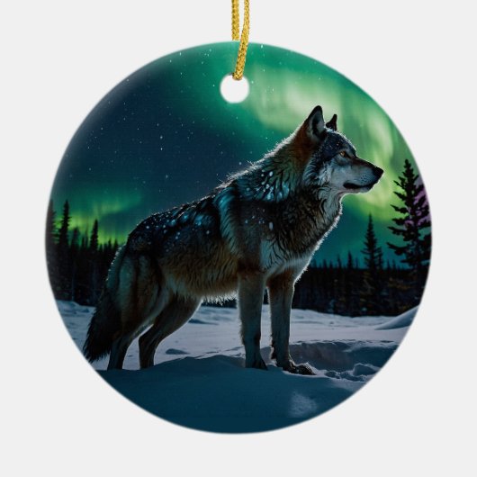 Winter Aurora & Hout Wolf Wildlife Design Keramisch Ornament (Voorkant)