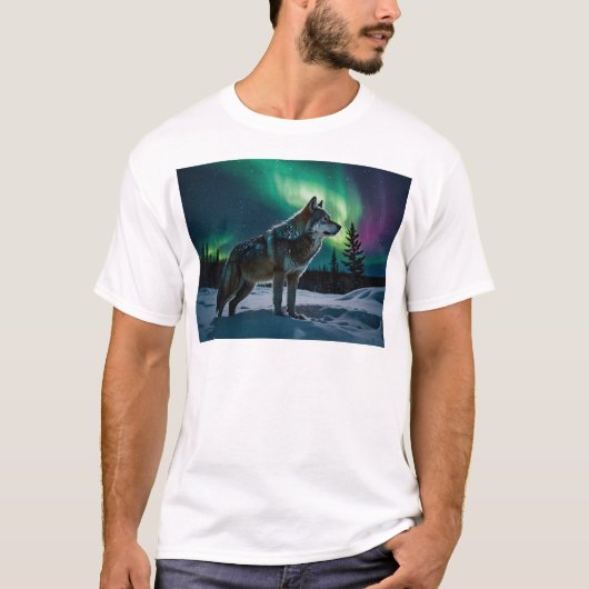 Winter Aurora & Hout Wolf Wildlife Design T-shirt (Voorkant)