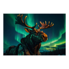 Winter Aurora & Steampunk Moose Wildlife Art Perfect Poster
