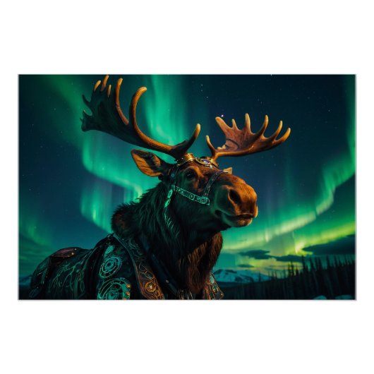 Winter Aurora & Steampunk Moose Wildlife Art Perfect Poster (Voorkant)