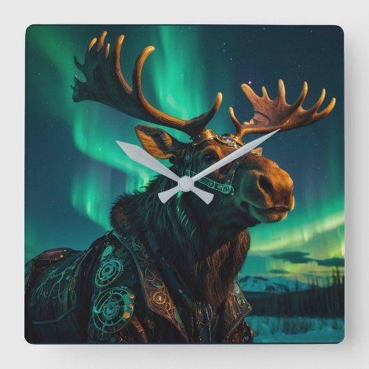 Winter Aurora & Steampunk Moose Wildlife Art Vierkante Klok (Voorkant)
