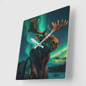 Winter Aurora & Steampunk Moose Wildlife Art Vierkante Klok (Hoek)