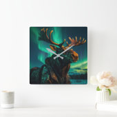 Winter Aurora & Steampunk Moose Wildlife Art Vierkante Klok (Huis)