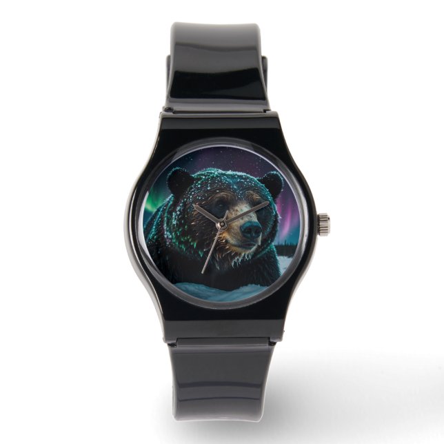 Winter Aurora & Zwart Beer Wildlife Design Horloge (Voorkant)