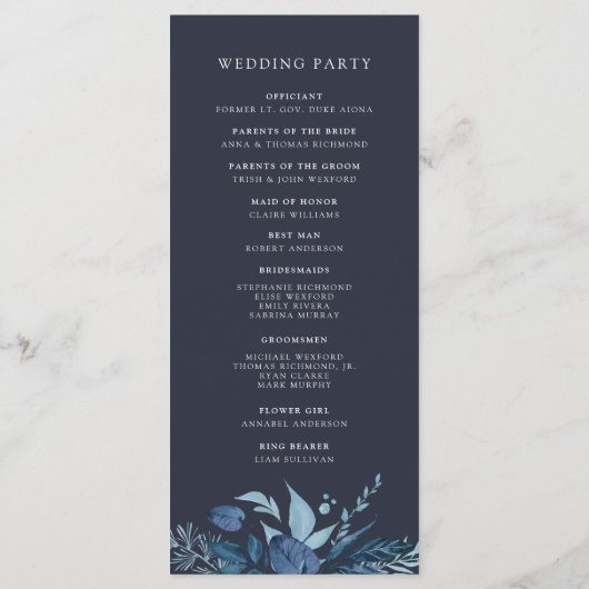 Winter Azure | Blauwe botanische bruiloft Programmakaart (Achterkant)