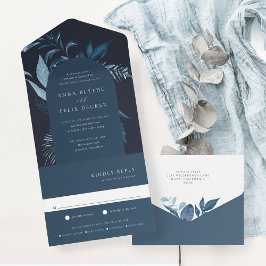 Winter Azure Blue Botanical Arch Wedding All In One Uitnodiging