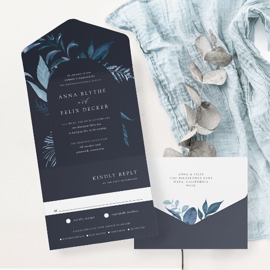 Winter Azure Blue Botanical Arch Wedding All In One Uitnodiging