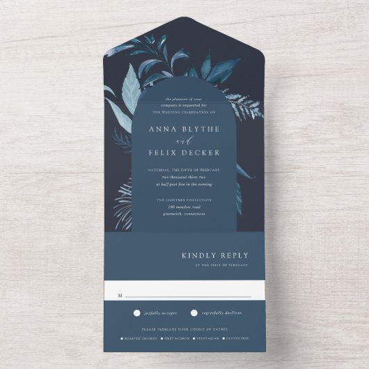 Winter Azure Blue Botanical Arch Wedding All In One Uitnodiging (Binnen)