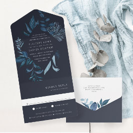 Winter Azure Blue Botanical Lijst Wedding All In One Uitnodiging