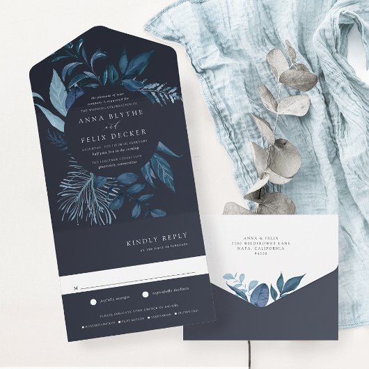 Winter Azure Blue Botanical Lijst Wedding All In One Uitnodiging