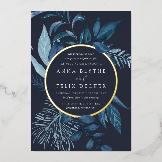 Winter Azure Blue Botanical Wedding Folie Uitnodiging (Voorkant)