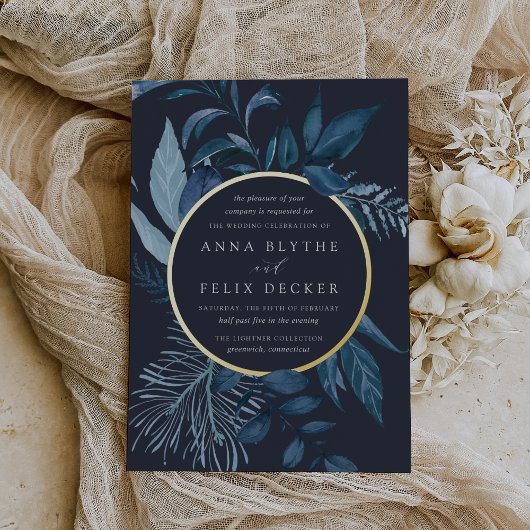 Winter Azure Blue Botanical Wedding Folie Uitnodiging