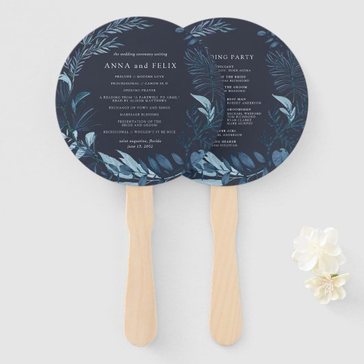 Winter Azure | Blue Botanical Wedding Programme Handwaaier (Voorkant en achterkant)