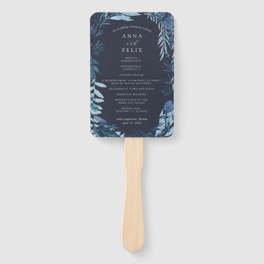 Winter Azure Blue Botanical Wedding Programme Handwaaier (Voorkant)