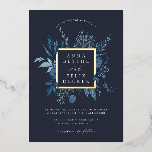 Winter Azure Botanical Lijst Wedding Folie Uitnodiging (Voorkant)