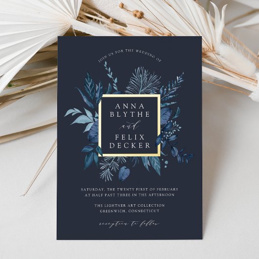 Winter Azure Botanical Lijst Wedding Folie Uitnodiging