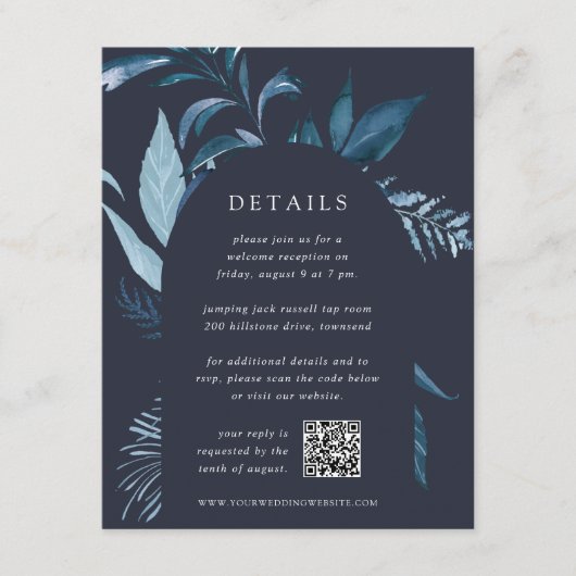 Winter Azure Botanical QR Code Wedding Details Informatiekaartje (Voorkant)