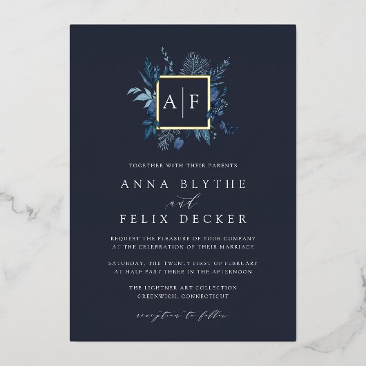 Winter Azure Monogram Wedding Folie Uitnodiging (Voorkant)