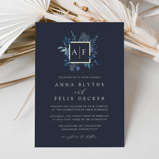 Winter Azure Monogram Wedding Folie Uitnodiging