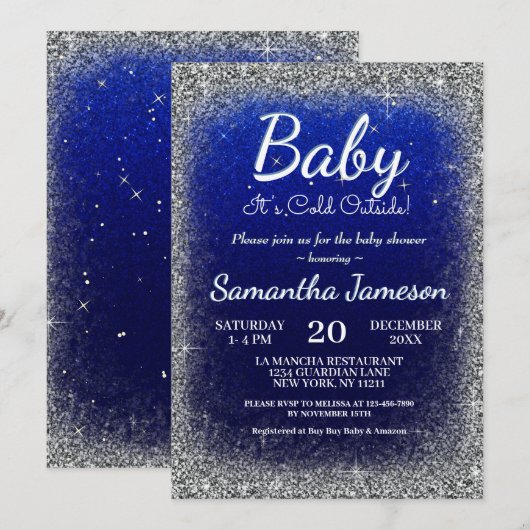Winter Baby Boy Blue Silver Baby shower Glitter Kaart (Voorkant / Achterkant)