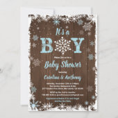 Winter baby boy douche sneeuwvlok rustiek hout kaart (Voorkant)