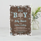Winter baby boy douche sneeuwvlok rustiek hout kaart (Staand voorkant)