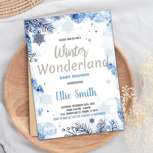 Winter Baby Douche Uitnodigingen Blauw Glitter Zil