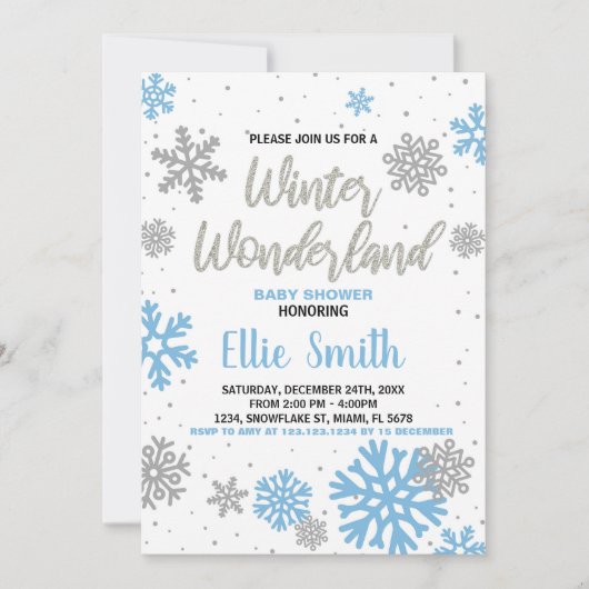 Winter Baby Douche Uitnodigingen Blauw Wit (Voorkant)