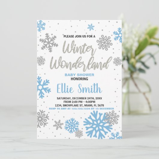 Winter Baby Douche Uitnodigingen Blauw Wit (Staand voorkant)