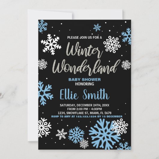 Winter Baby Douche Uitnodigingen Blauw Zwart (Voorkant)