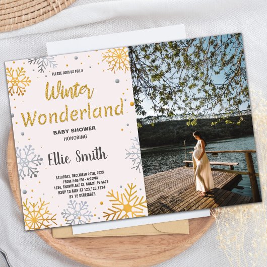 Winter Baby Douche Uitnodigingen Gouden Sneeuw Fot