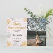 Winter Baby Douche Uitnodigingen Gouden Sneeuw Fot (Staand voorkant)